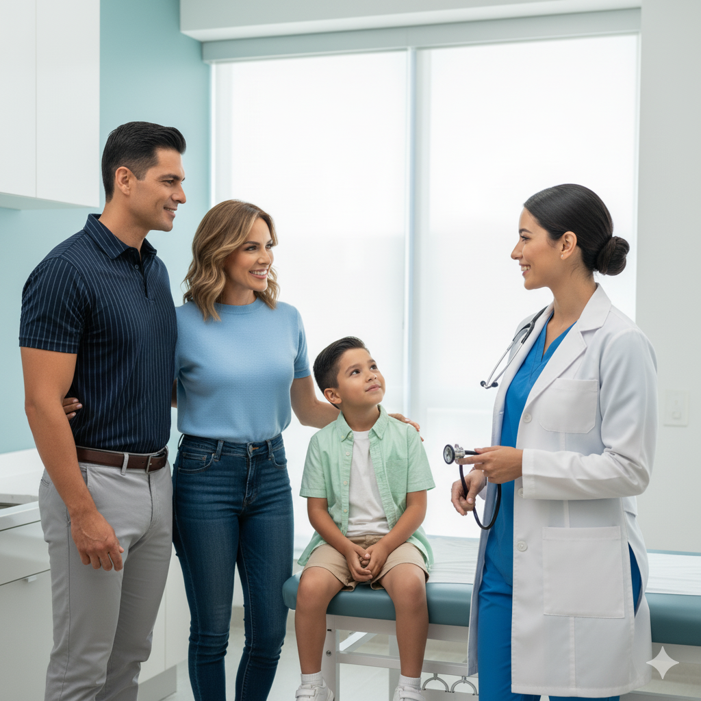 Una fotografía de alta calidad y estilo comercial de una pareja mexicana moderna (padres entre 35-40 años, bien vestidos) en una clínica u oficina médica limpia y luminosa. Uno de los padres sonríe a su hijo pequeño durante un chequeo de rutina. El ambiente es de facilidad y salud proactiva. Los padres transmiten alivio y felicidad de que el cuidado diario está resuelto. Enfoque: Salud familiar accesible y gestión fácil.