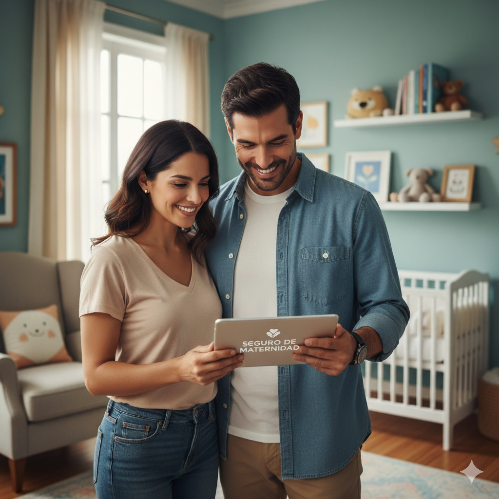 Pareja mexicana moderna planeando la llegada de su bebé. Alt: Seguro de Maternidad y planificación familiar con AsegurArte.