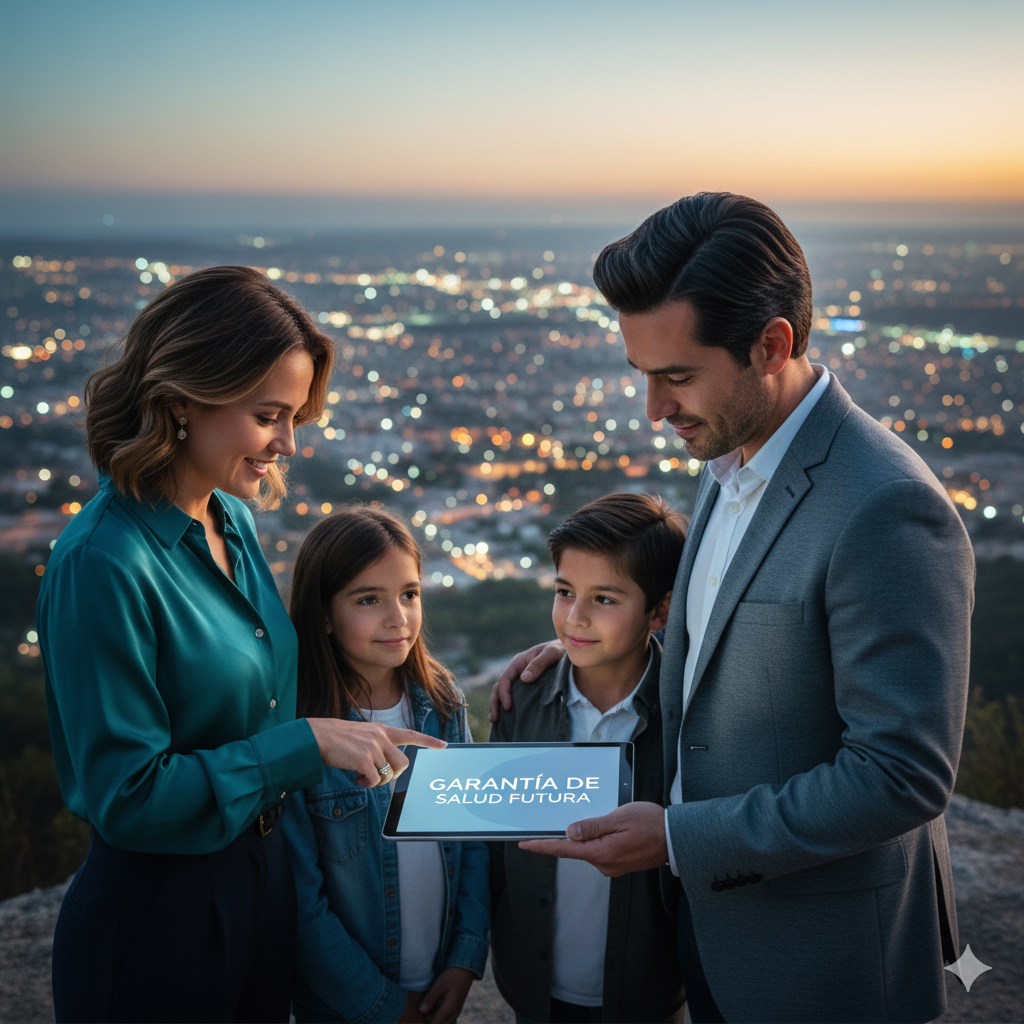 Familia mexicana moderna en paisaje mirando el futuro. Alt: Garantía de Salud Futura y seguridad familiar con AsegurArte.